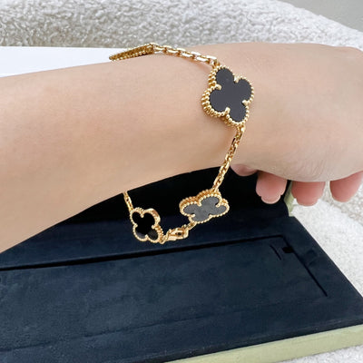 Van Cleef & Arpels VCA Vintage Alhambra 5 Motifs Black Onyx Bracelet in 18K Yellow Gold (Ref: VCARA41300)