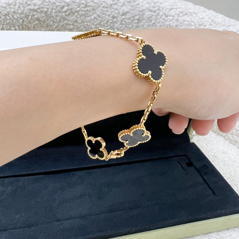 Van Cleef & Arpels VCA Vintage Alhambra 5 Motifs Black Onyx Bracelet in 18K Yellow Gold (Ref: VCARA41300)