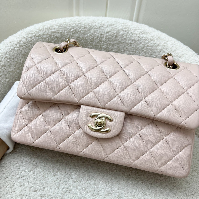 Chanel Small Classic Flap CF in 21C Rose Clair Light Pink Caviar and LGHW