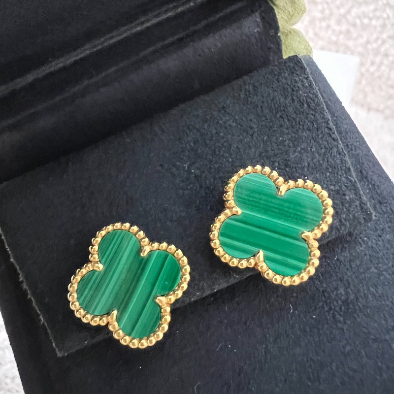 Van Cleef & Arpels VCA Vintage Alhambra Earrings with Malachite in 18K Yellow Gold (Model: VCARO3QL00)
