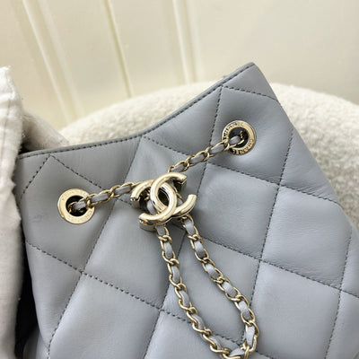 Chanel Drawstring Bucket Bag in Light Grey Lambskin and LHGW (Model: AS1698)