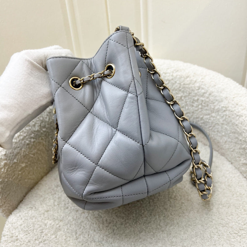 Chanel Drawstring Bucket Bag in Light Grey Lambskin and LHGW (Model: AS1698)