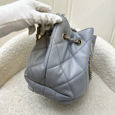 Chanel Drawstring Bucket Bag in Light Grey Lambskin and LHGW (Model: AS1698)