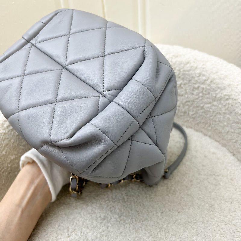 Chanel Drawstring Bucket Bag in Light Grey Lambskin and LHGW (Model: AS1698)