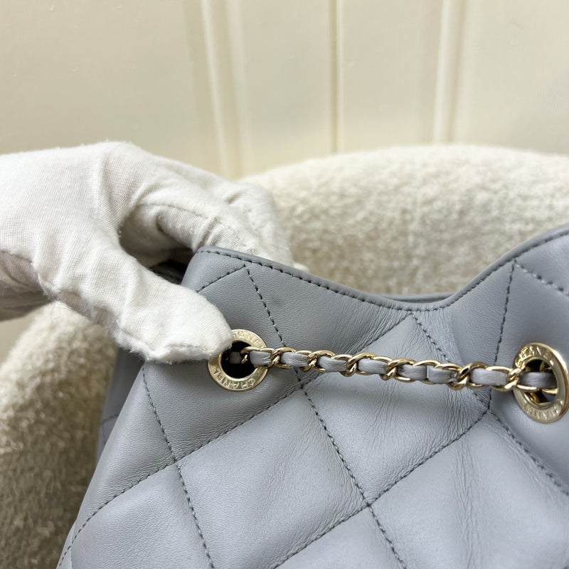 Chanel Drawstring Bucket Bag in Light Grey Lambskin and LHGW (Model: AS1698)