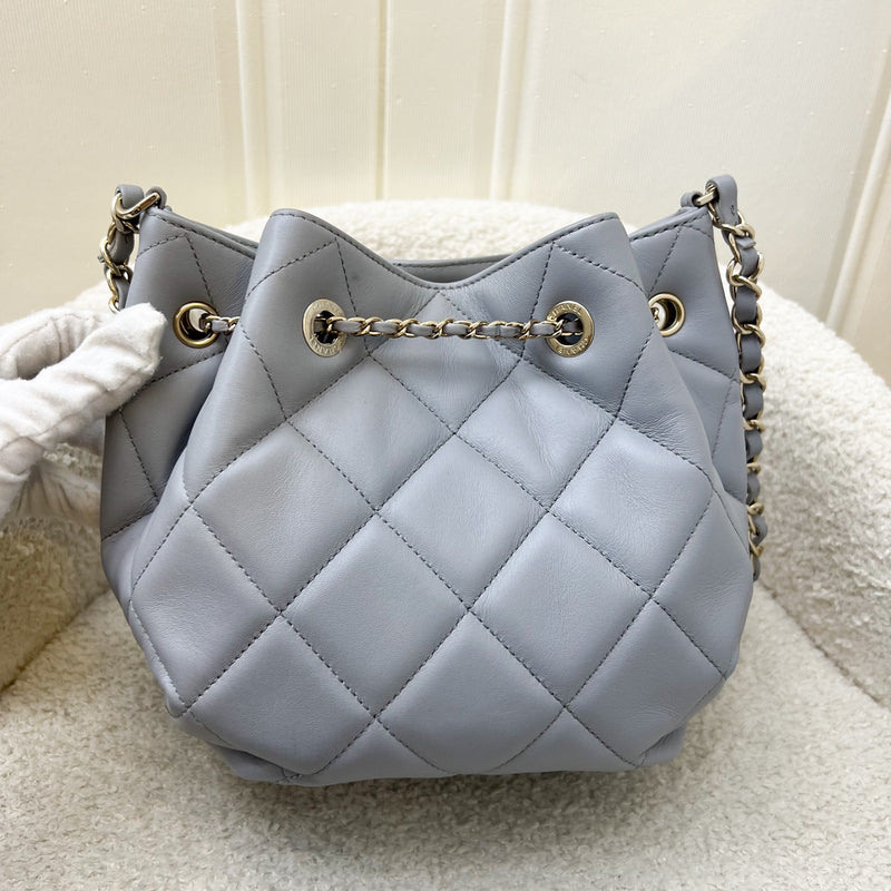 Chanel Drawstring Bucket Bag in Light Grey Lambskin and LHGW (Model: AS1698)