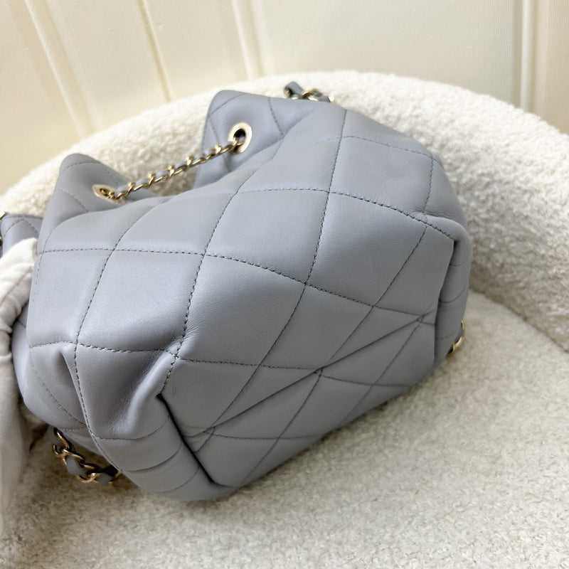 Chanel Drawstring Bucket Bag in Light Grey Lambskin and LHGW (Model: AS1698)