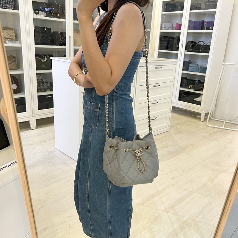 Chanel Drawstring Bucket Bag in Light Grey Lambskin and LHGW (Model: AS1698)