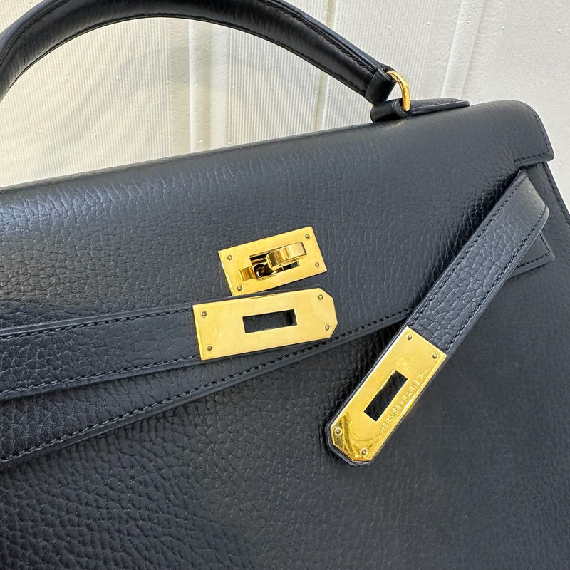 Hermes Kelly 32 Sellier in Black Noir Ardennes Leather and GHW