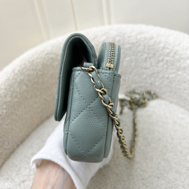 Chanel Phone Holder / Wallet On Chain in Seafoam Green Caviar and LGHW (Model: AP2096)