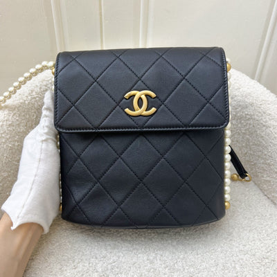 Chanel Pearl Chain North-South Flap Bag in Black Calfskin and AGHW (Model: AS2503)