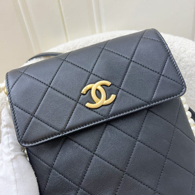 Chanel Pearl Chain North-South Flap Bag in Black Calfskin and AGHW (Model: AS2503)