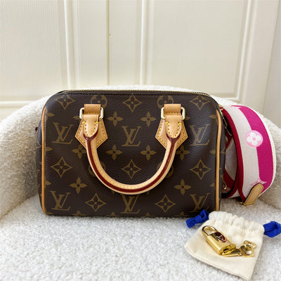 LV Speedy Bandouliere 20 in Monogram Canvas and Pink Patterned Strap