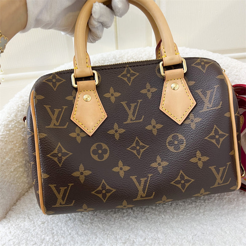 LV Speedy Bandouliere 20 in Monogram Canvas and Pink Patterned Strap