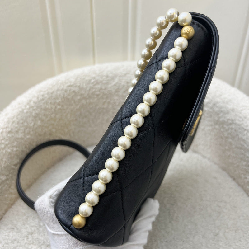 Chanel Pearl Chain North-South Flap Bag in Black Calfskin and AGHW (Model: AS2503)