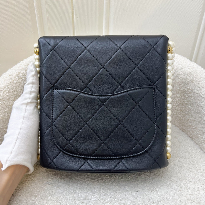 Chanel Pearl Chain North-South Flap Bag in Black Calfskin and AGHW (Model: AS2503)