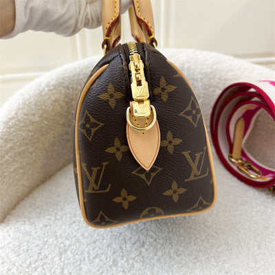 LV Speedy Bandouliere 20 in Monogram Canvas and Pink Patterned Strap