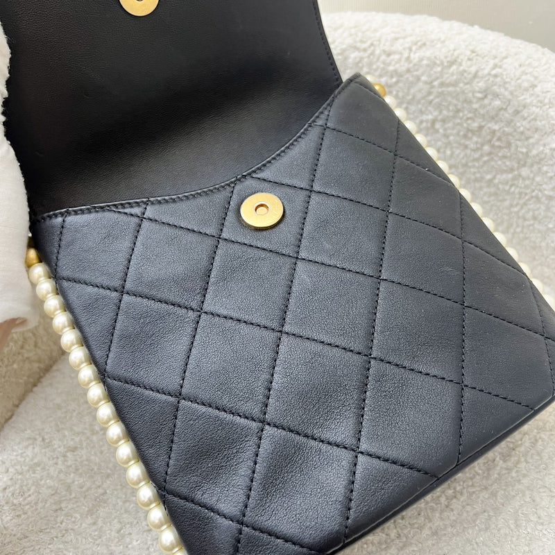 Chanel Pearl Chain North-South Flap Bag in Black Calfskin and AGHW (Model: AS2503)