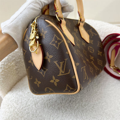 LV Speedy Bandouliere 20 in Monogram Canvas and Pink Patterned Strap