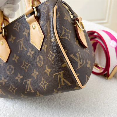 LV Speedy Bandouliere 20 in Monogram Canvas and Pink Patterned Strap