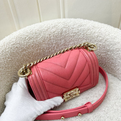 Chanel 22S Micro Boy in Chevron Coral Pink Caviar and Shiny GHW (Model: A67364)