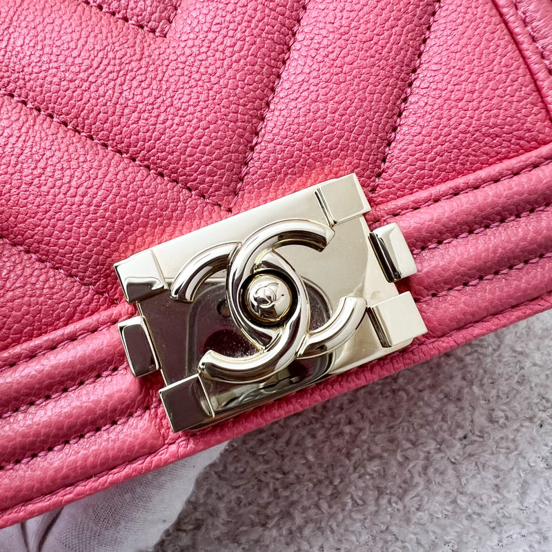 Chanel 22S Micro Boy in Chevron Coral Pink Caviar and Shiny GHW (Model: A67364)