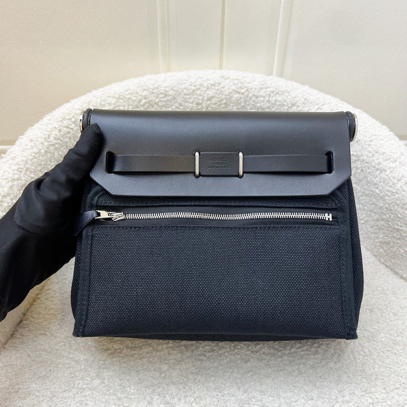 Hermes Mini Herbag Retourne in Noir Black Toile Militaire Canvas, Black Vache Hunter Leather and PHW (Includes free twilly)
