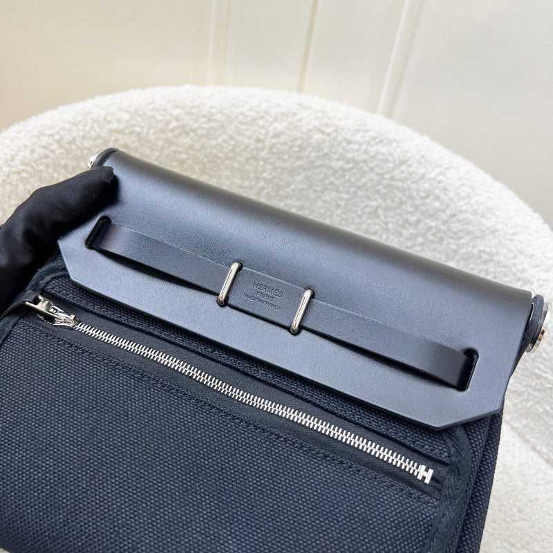 Hermes Mini Herbag Retourne in Noir Black Toile Militaire Canvas, Black Vache Hunter Leather and PHW (Includes free twilly)