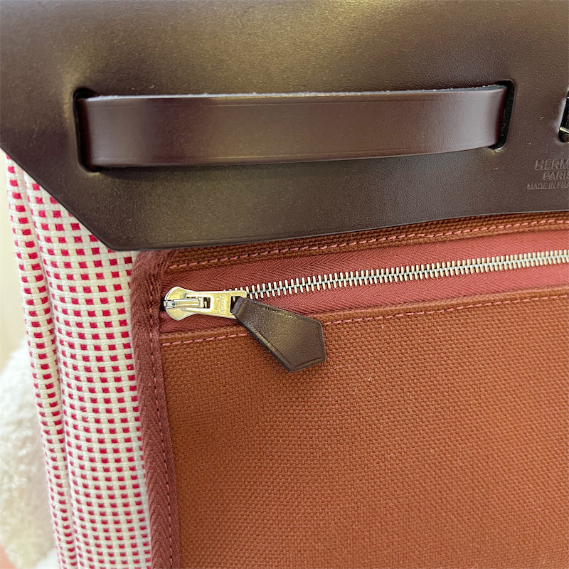 Hermes Retourne Herbag 31 Zip in Ecru / Blanc / Framboise / Rouge Sellier Leather and Canvas