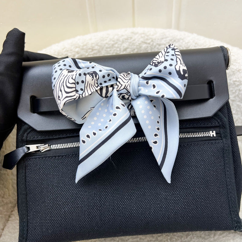 Hermes Mini Herbag Retourne in Noir Black Toile Militaire Canvas, Black Vache Hunter Leather and PHW (Includes free twilly)