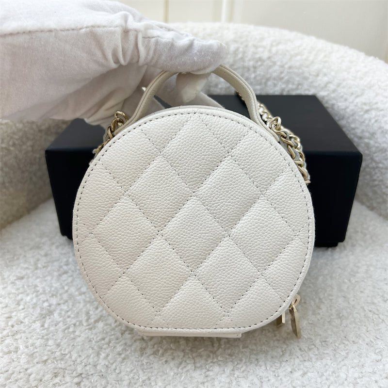 Chanel Round Mini Vanity with Chain in White Grained Calfskin LGHW