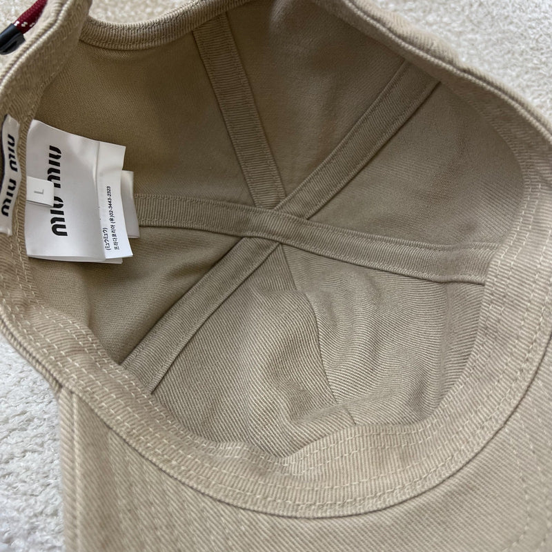 Miu Miu Baseball Cap with White Embroidered Logo in Beige Cotton Size L