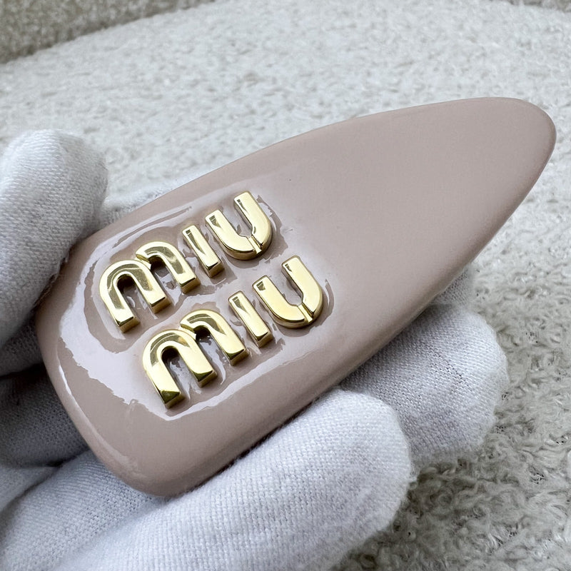Miu Miu Gold Logo Hair Clip in Nude Beige Patent Leather with Gold French Barrette