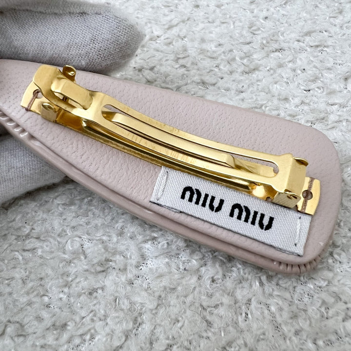 Miu Miu Gold Logo Hair Clip in Nude Beige Patent Leather with Gold