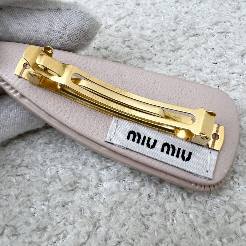 Miu Miu Gold Logo Hair Clip in Nude Beige Patent Leather with Gold French Barrette