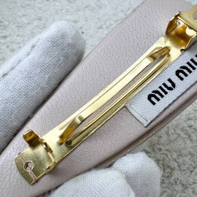 Miu Miu Gold Logo Hair Clip in Nude Beige Patent Leather with Gold French Barrette