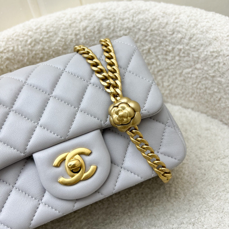 Chanel 25P Camellia Crush Adjustable Chain Mini Square Flap in Light Grey Lambskin and AGHW