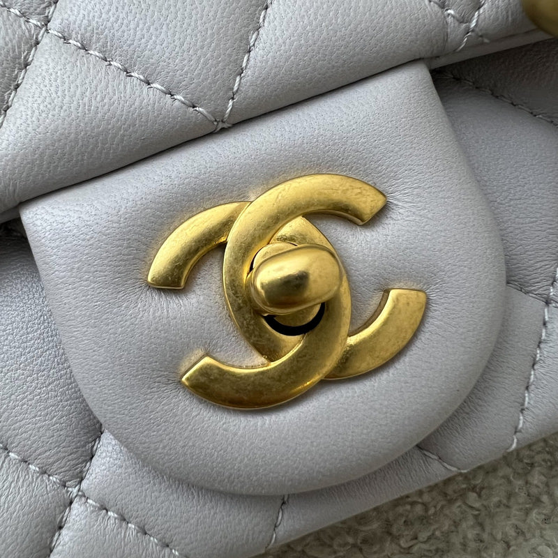 Chanel 25P Camellia Crush Adjustable Chain Mini Square Flap in Light Grey Lambskin and AGHW