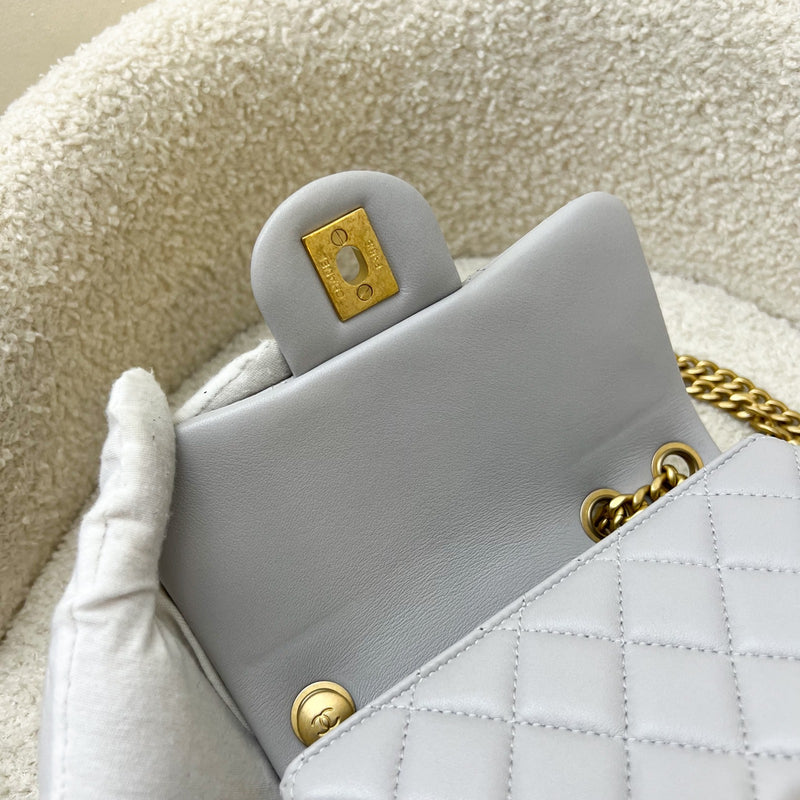 Chanel 25P Camellia Crush Adjustable Chain Mini Square Flap in Light Grey Lambskin and AGHW