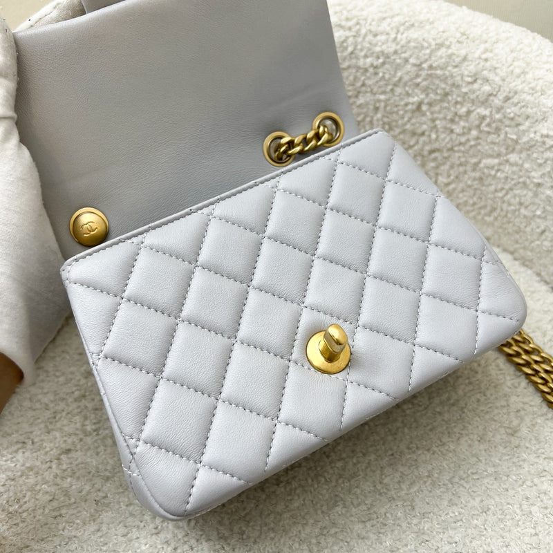 Chanel 25P Camellia Crush Adjustable Chain Mini Square Flap in Light Grey Lambskin and AGHW