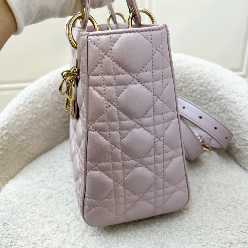 Dior Medium Lady Dior in Iridescent Lotus Pink Lambskin and LGHW (New Flap Closure) (Model: M0565OBDU)