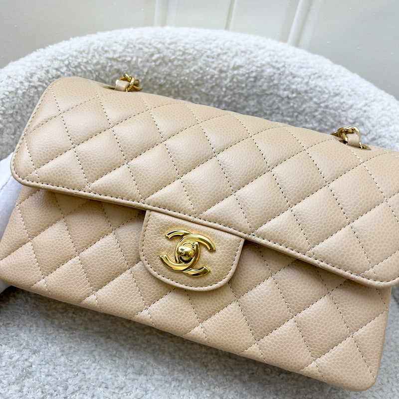 Chanel Small Classic Flap CF in Beige Caviar and GHW (Model: A01113)