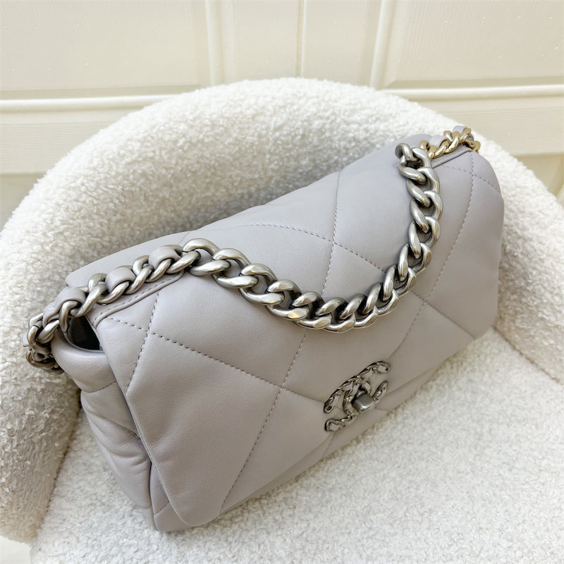 Chanel 19 Small Flap in Light Grey Lambskin with Silver Turnlock in 3-tone HW