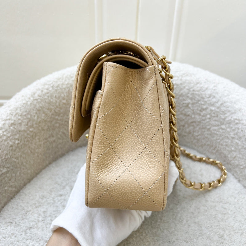 Chanel Small Classic Flap CF in Beige Caviar and GHW (Model: A01113)