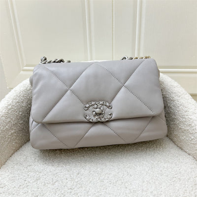 Chanel 19 Small Flap in Light Grey Lambskin with Silver Turnlock in 3-tone HW