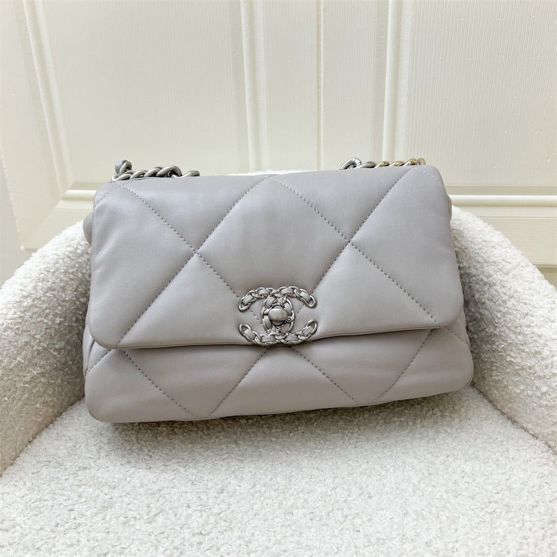 Chanel 19 Small Flap in Light Grey Lambskin with Silver Turnlock in 3-tone HW