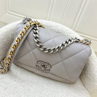 Chanel 19 Small Flap in Light Grey Lambskin with Silver Turnlock in 3-tone HW