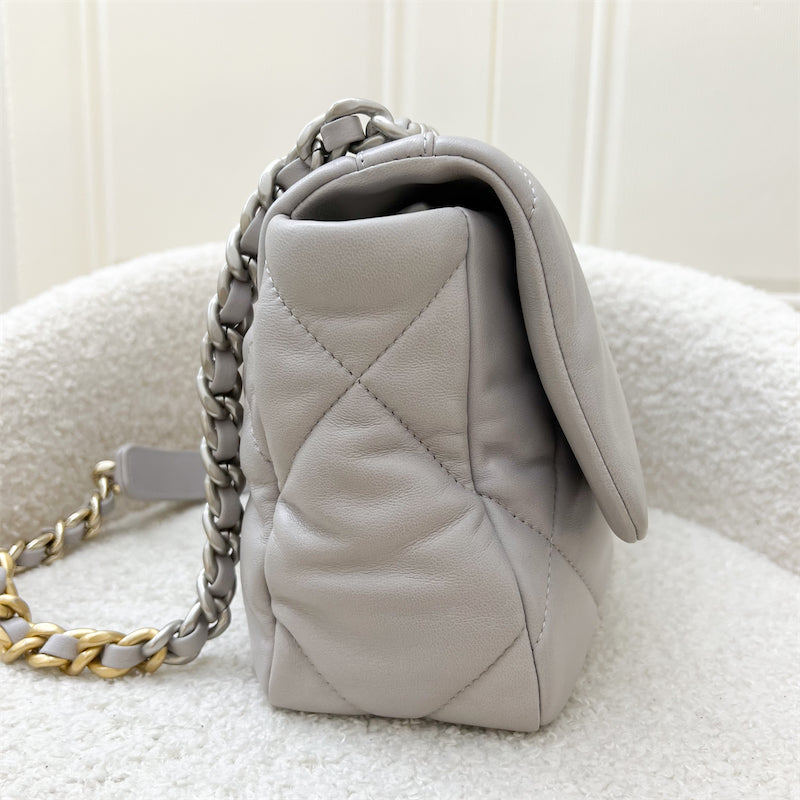 Chanel 19 Small Flap in Light Grey Lambskin with Silver Turnlock in 3-tone HW