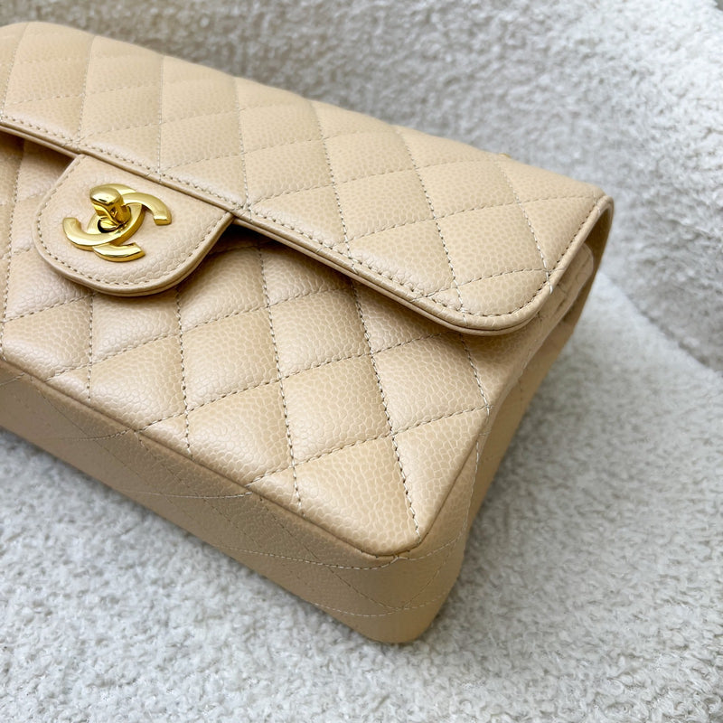 Chanel Small Classic Flap CF in Beige Caviar and GHW (Model: A01113)