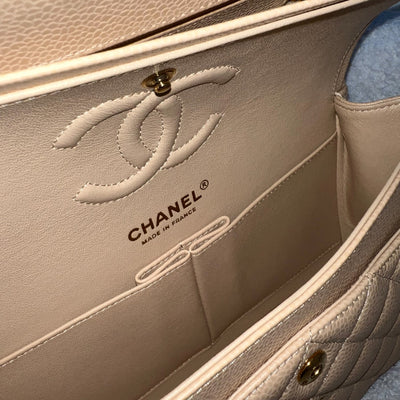 Chanel Small Classic Flap CF in Beige Caviar and GHW (Model: A01113)